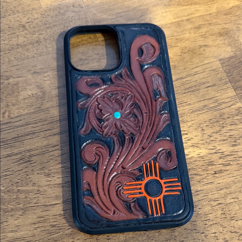Black and Brown Leather tooled IPhone 13 Pro Max Case